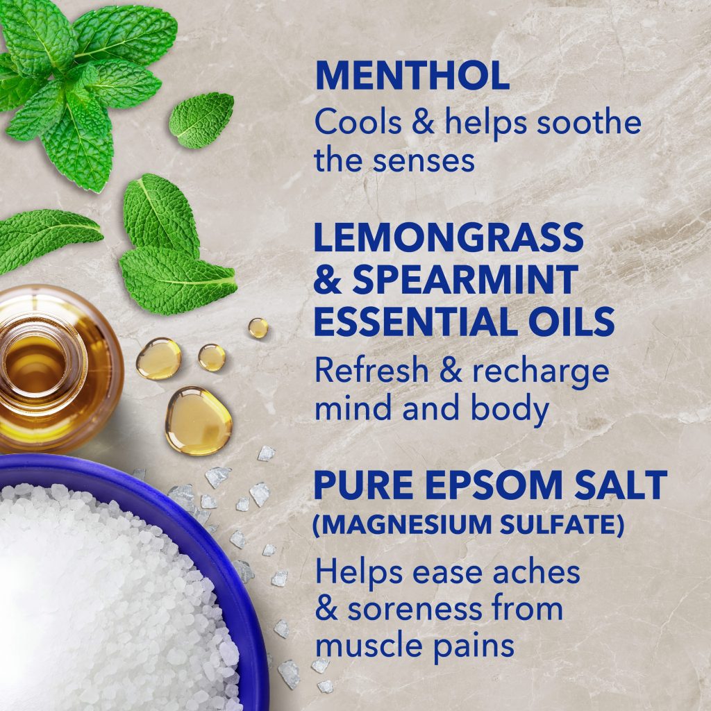 menthol cools & helps soothe the senses; lemongrass & spearmint essential oils refresh & recharge mind and body; pure epsom salt (magnesium sulfate) helps ease aches & soreness from muscle pains