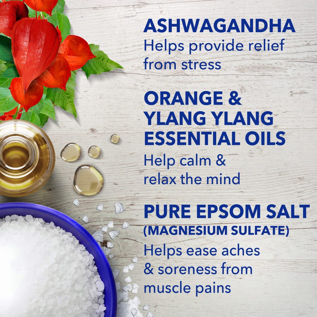 ashwagandga helps provide relief from stress; orange & ylang ylang essential oils help calm & relax the mind; pure epsom salt (magnesium sulfate) helps ease aches & soreness from muscle pains