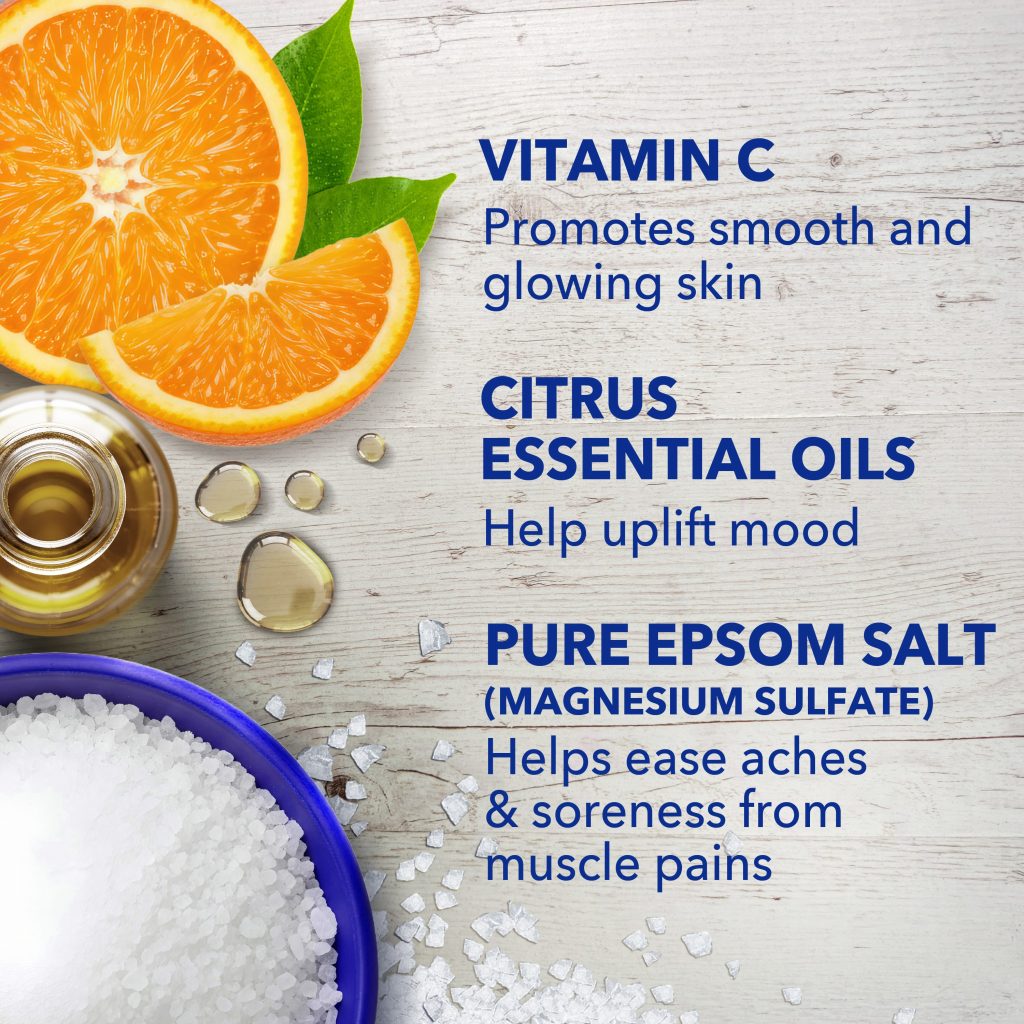 vitamin c promotes smooth and glowing skin; citrus essential oils help uplift mood; pure epsom salt (magnesium sulfate) helps ease aches & soreness from muscle pains