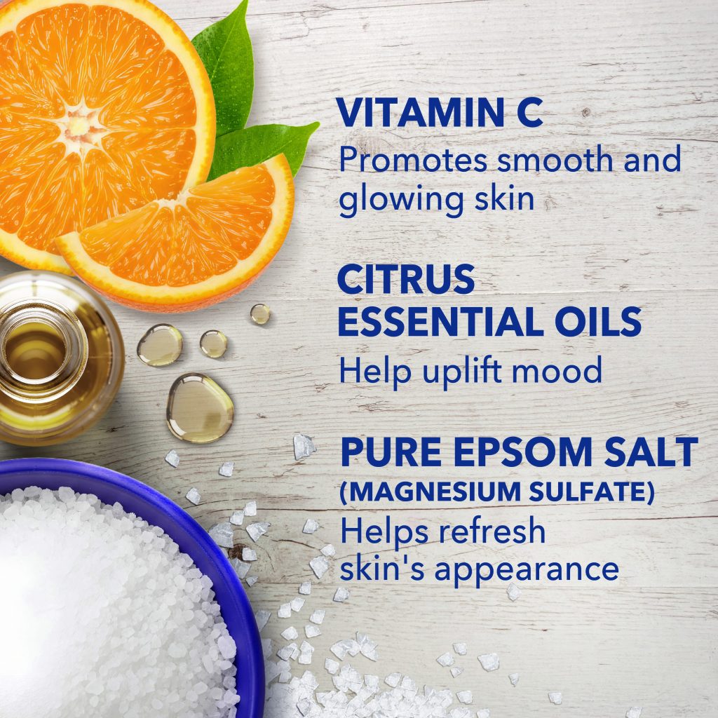 vitamin c promotes smooth and glowing skin; citrus essential oils help uplift mood; pure epsom salt (magnesium sulfate) helps refresh skin's appearance