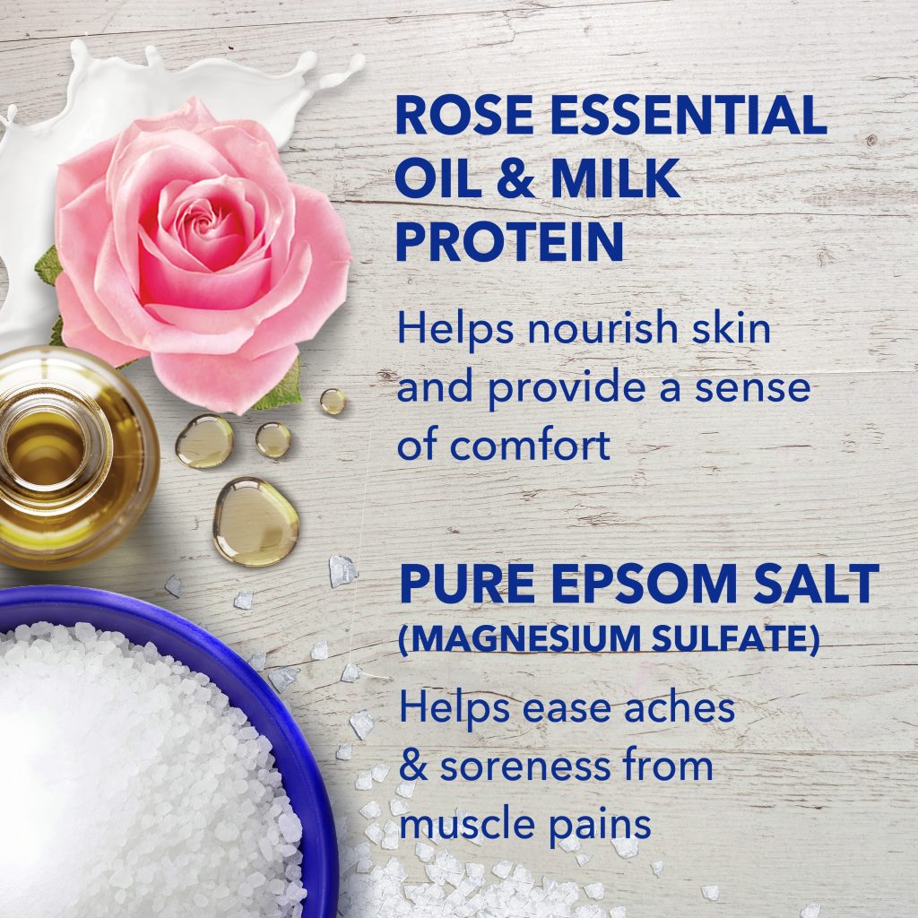 rose essential oil & milk protein helps nourish skin and provide a sense of comfort; pure epsom salt (magnesium sulfate) helps ease aches & soreness from muscle pains