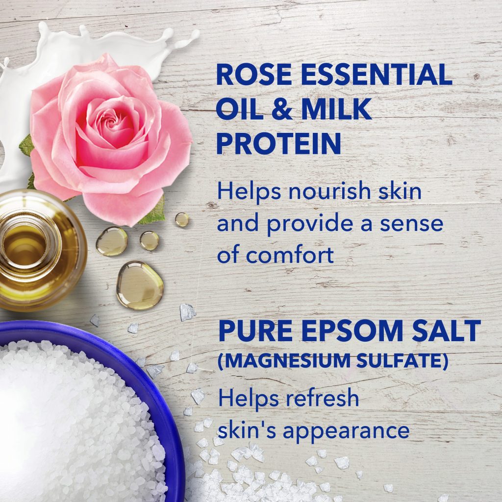 rose essential oil & milk protein helps nourish skin and provide a sense of comfort; pure epsom salt (magnesium sulfate) helps refresh skin's appearance