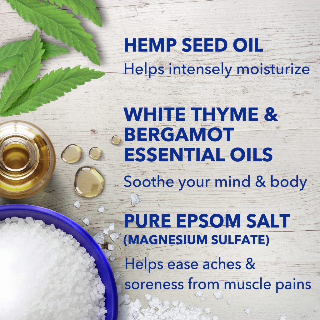 hemp seed oil helps intensely moisturize; white thyme & bergamot essential oils soothe your mind & body; pure epsom salt (magnesium sulfate) helps ease aches & soreness from muscle pains