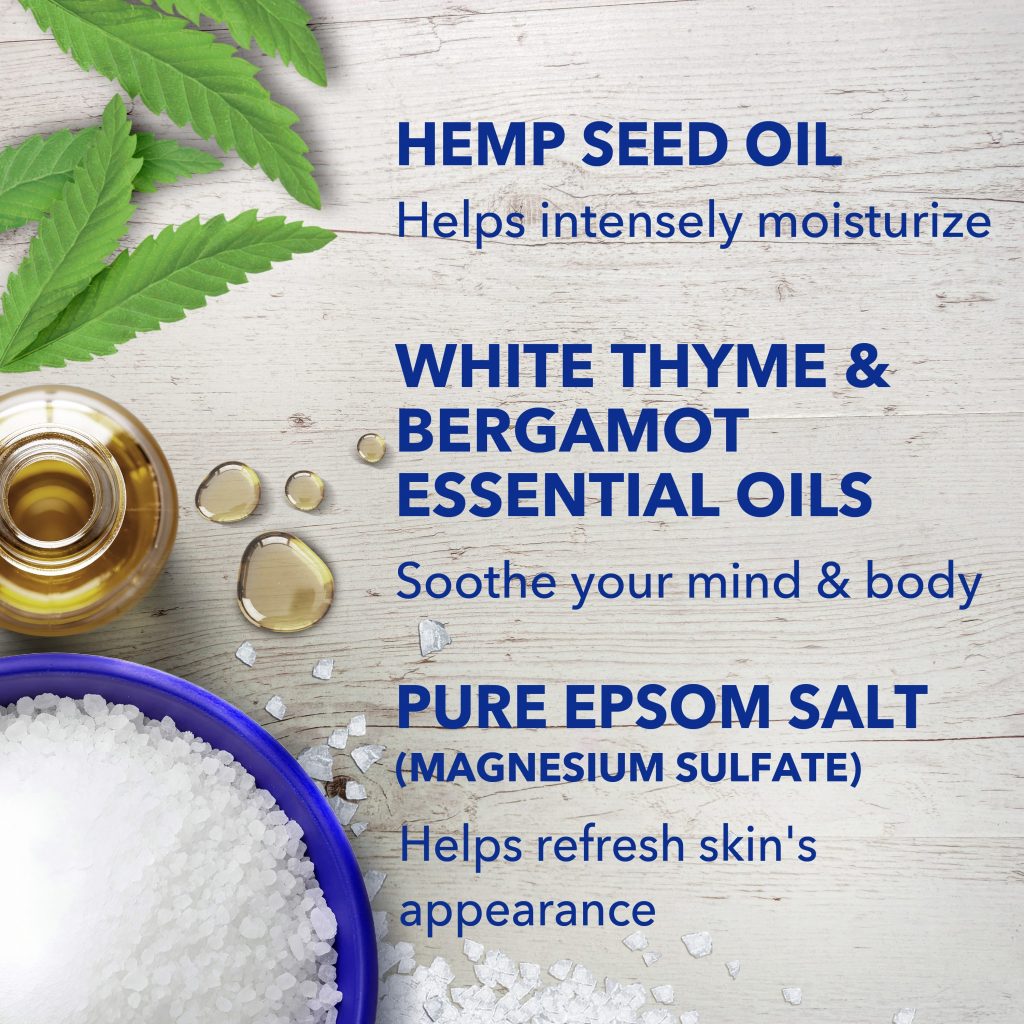 hemp seed oil helps intensely moisturize; white thyme & bergamot essential oils soothe your mind & body; pure epsom salt (magnesium sulfate) helps refresh skin's appearance