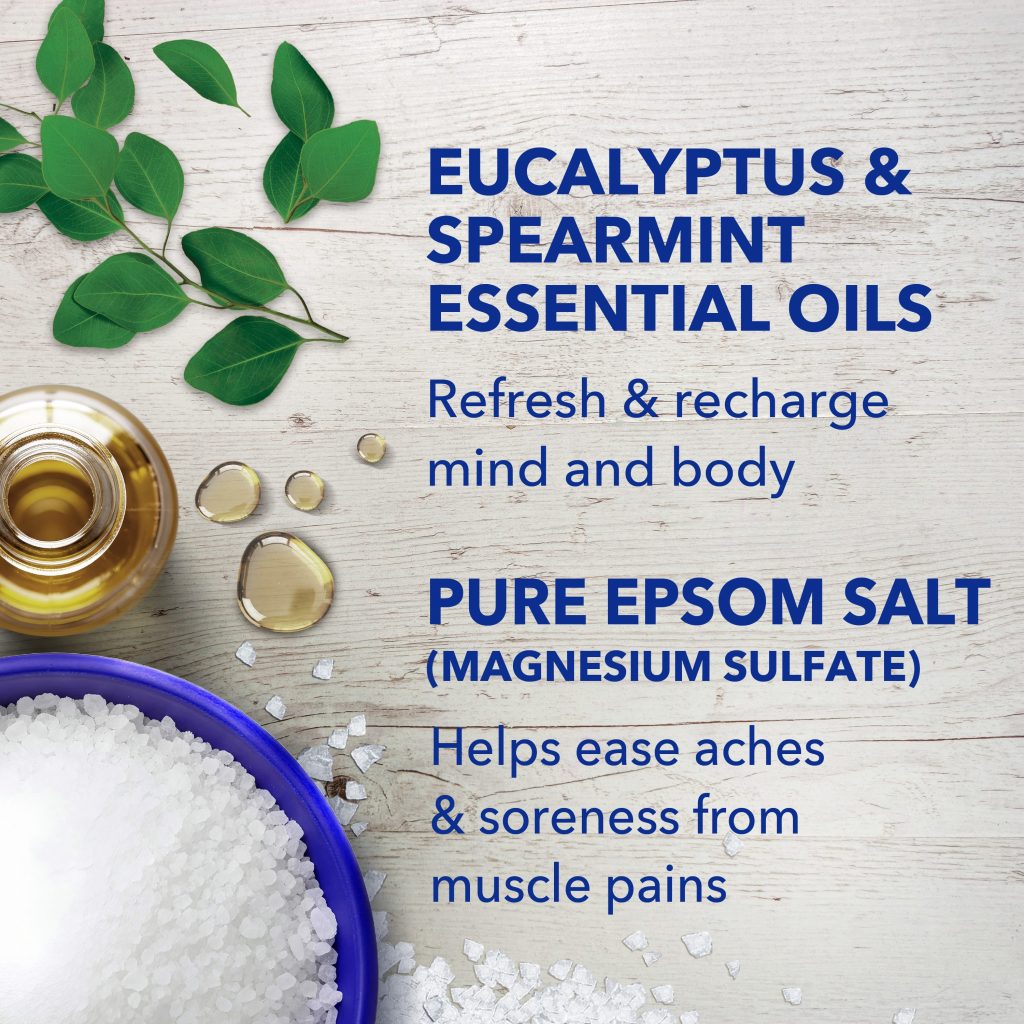 eucalyptus & spearmint essential oils refresh & recharge mind and body; pure epsom salt (magnesium sulfate) helps ease aches & soreness from muscle pains