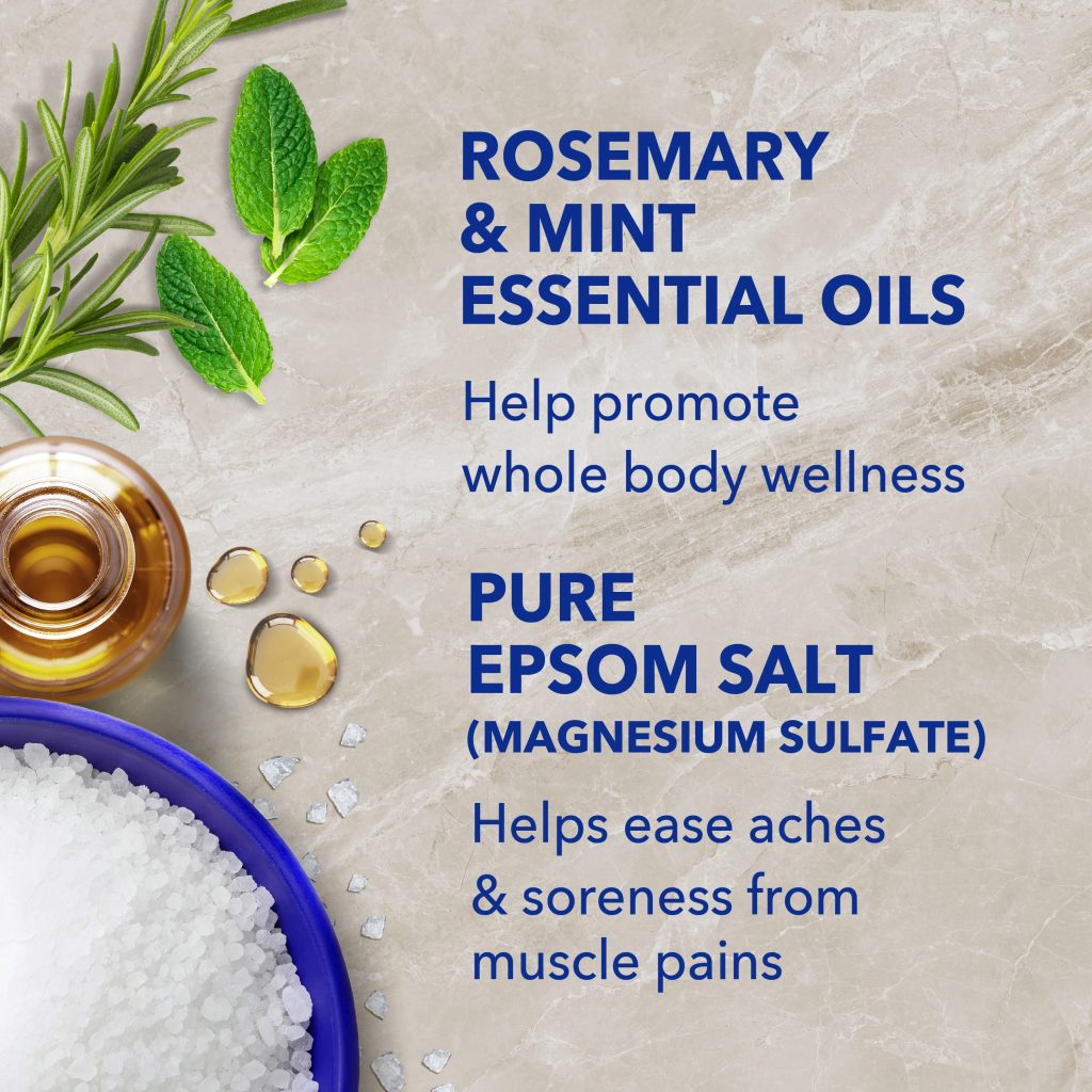 rosemary & mint essential oil help promote whole body wellness; pure epsom salt (magnesium sulfate) helps ease aches & soreness from muscle pains