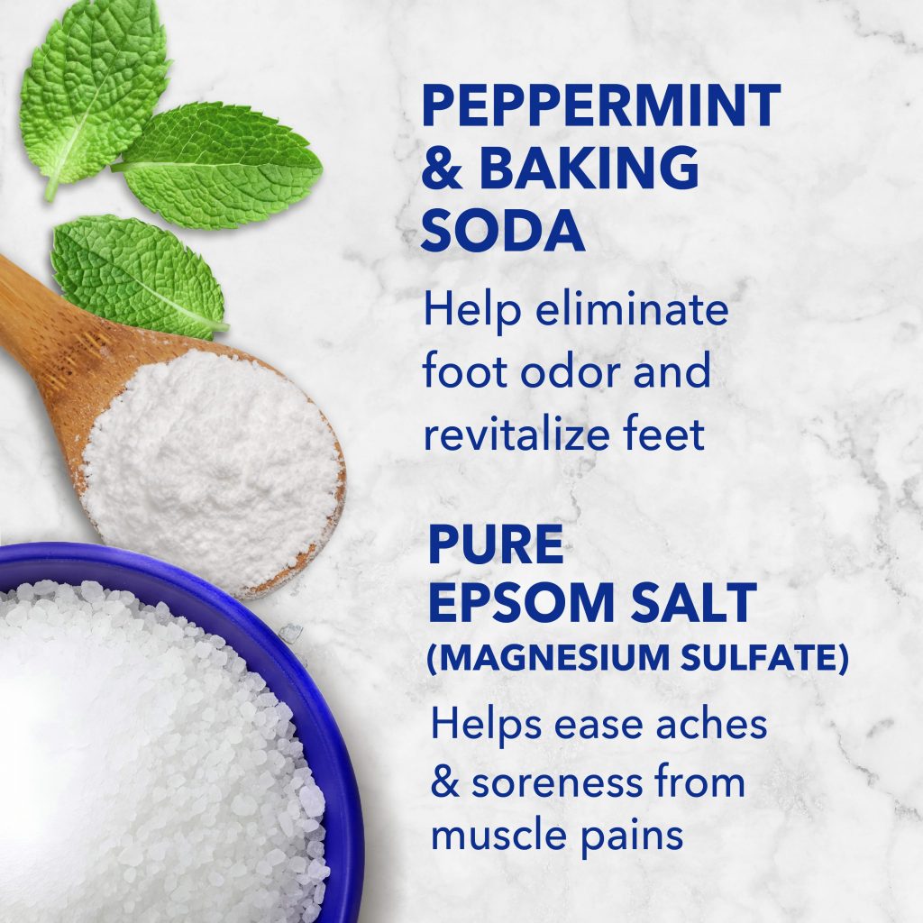 peppermint & baking sode help eliminate foot odor and revitalize feet; pure epsom salt (magnesium sulfate) helps ease aches & soreness from muscle pains
