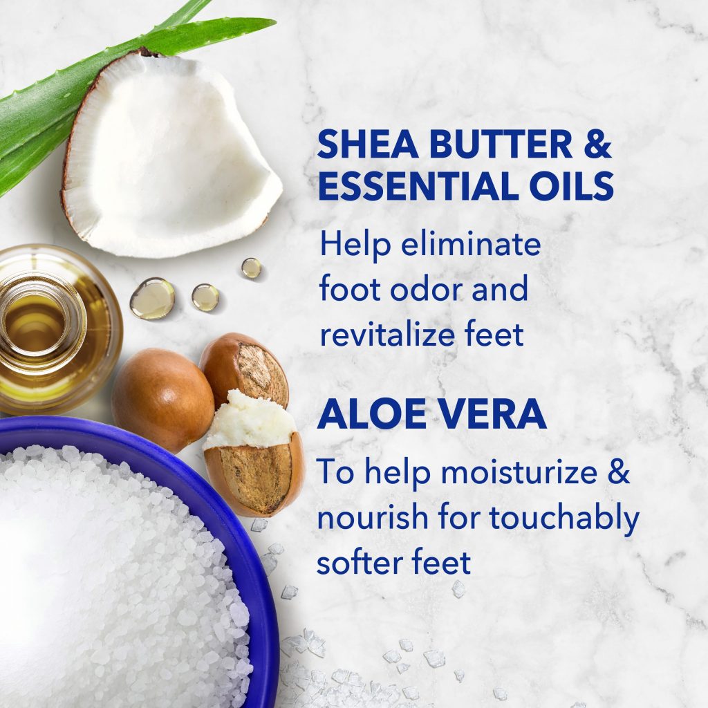 shea butter & essential oils help eliminate foot odor and revitalize feet; aloe vera to help moisturize & nourish for touchably softer feet
