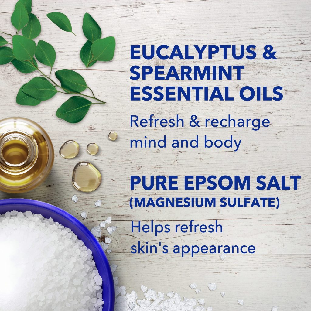 eucalyptus & spearmint essential oils refresh & recharge mind and body; pure epsom salt (magnesium sulfate) helps refresh skin's appearance