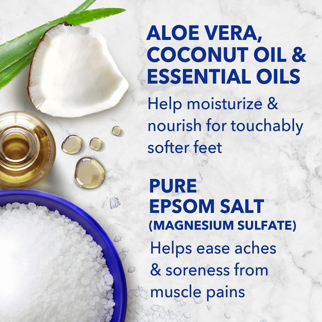 aloe vera, coconut oil & essential oils help moisturizes & nourish for touchably softer feet; pure epsom salt (magnesium sulfate) helps ease aches & soreness from muscle pains