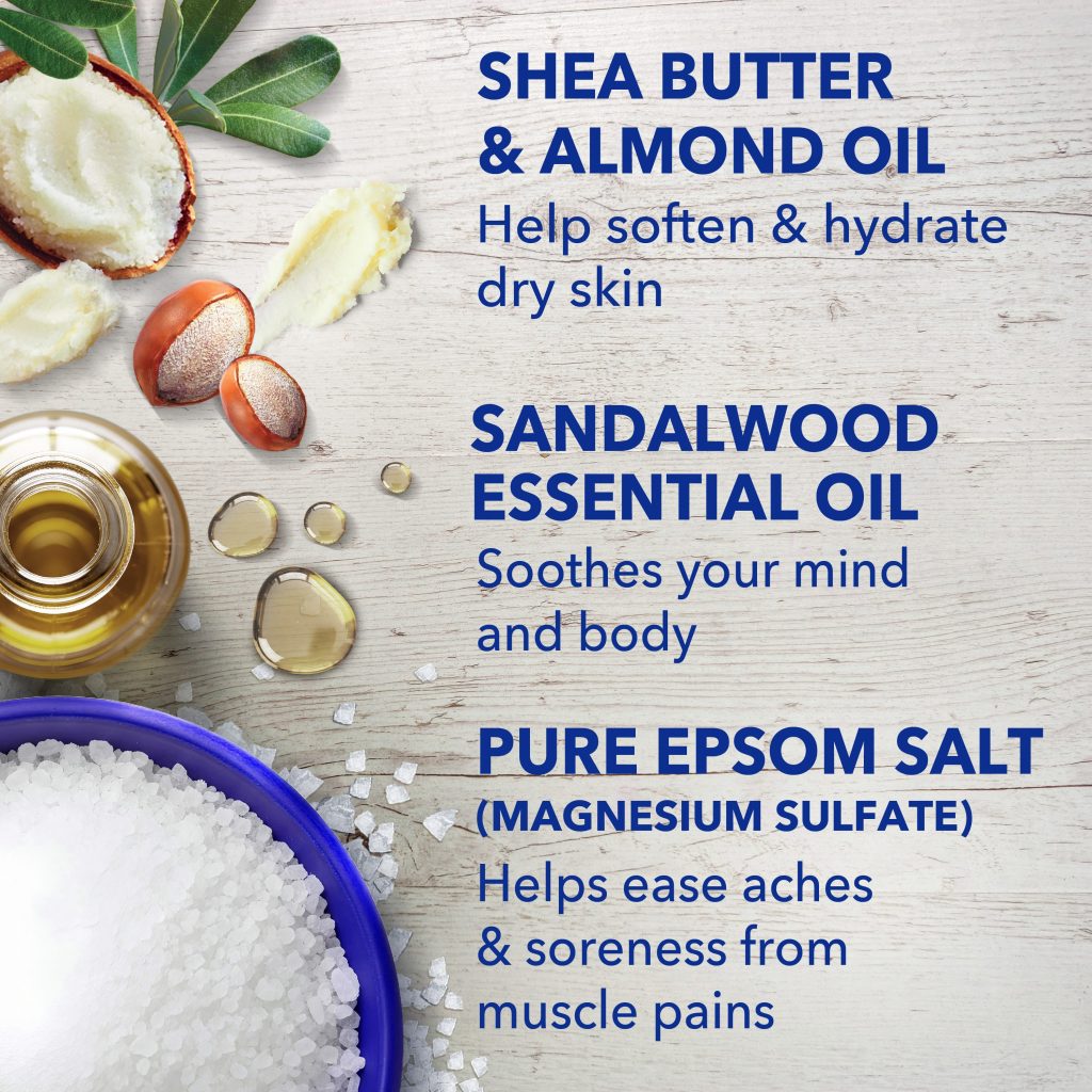 shea butter & almond oil help soften & hydrate dry skin; sandalwood essential oil soothes your mind and body; pure epsom salt (magnesium sulfate) helps ease aches & soreness from muscle pains