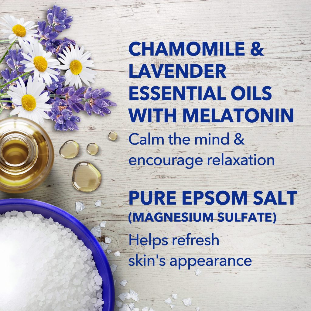 chamomile & lavender essential oils with melatonin calm the mind & encourage relaxation; pure epsom salt (magnesium sulfate) helps refresh skin's appearance