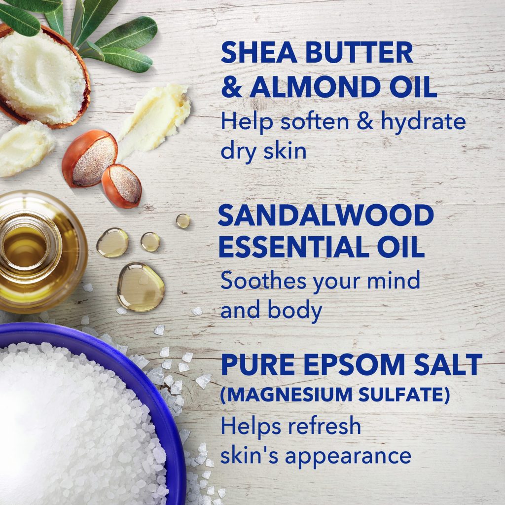shea butter & almond oil help soften & hydrate dry skin; sandalwood essential oil soothes your mind and body; pure epsom salt (magnesium sulfate) helps refresh skin's appearance