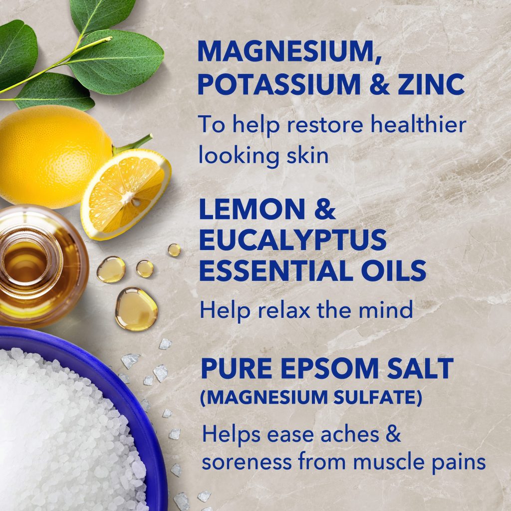 magnesium, potassium & zinc to help restore healthier looking skin; lemon & eucalyptus essential oils help relax the mind; pure epsom salt (magnesium sulfate) helps ease aches & soreness from muscle pains