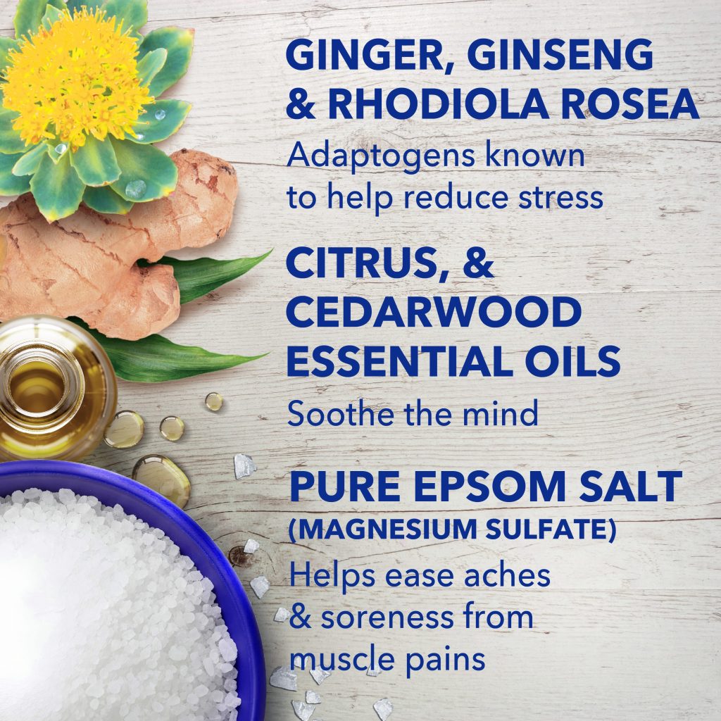 ginger, ginseng, & rhodiola rosea adaptogens known to help reduce stress; citrus & cedarwood essential oils soothe the mind; pure epsom salt (magnesium sulfate) helps ease aches & soreness from muscle pains