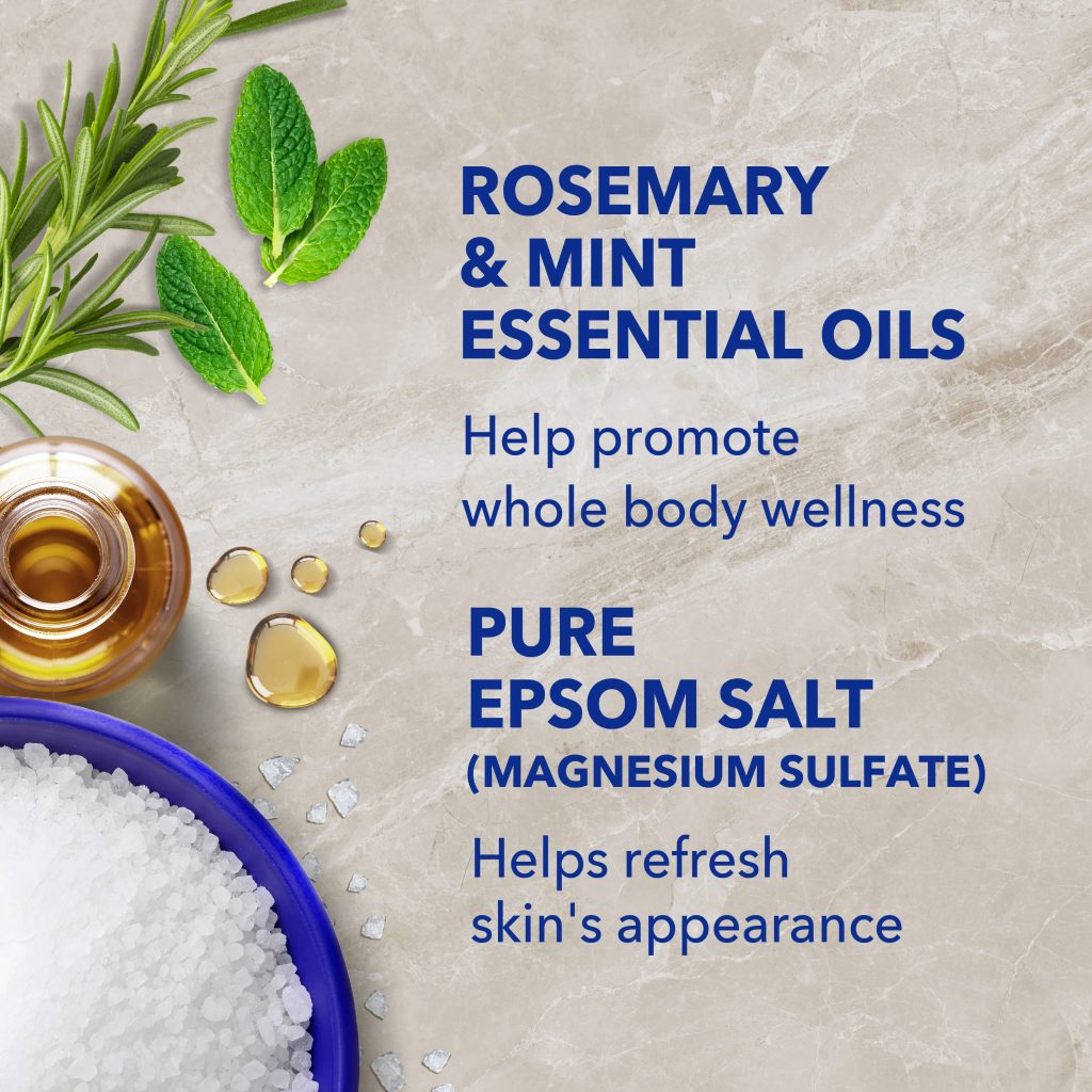 rosemary & mint essential oils help promote whole body wellness; pure epsom salt (magnesium sulfate) helps refresh skin's appearance