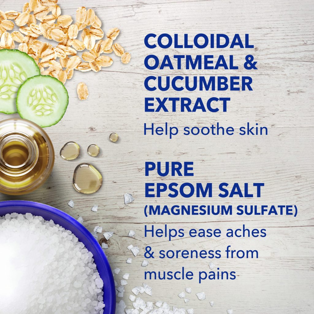 collodial oatmeal & cucumber extract help soothe skin; pure epsom salt (magnesium sulfate) helps ease aches & soreness from muscle pains
