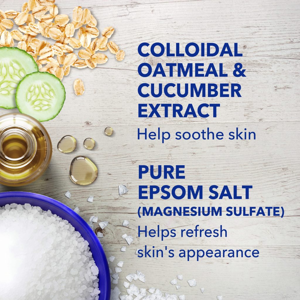 collodial oatmeal & cucumber extract help soothe skin; pure epsom salt (magnesium sulfate) helps refresh skin's appearance