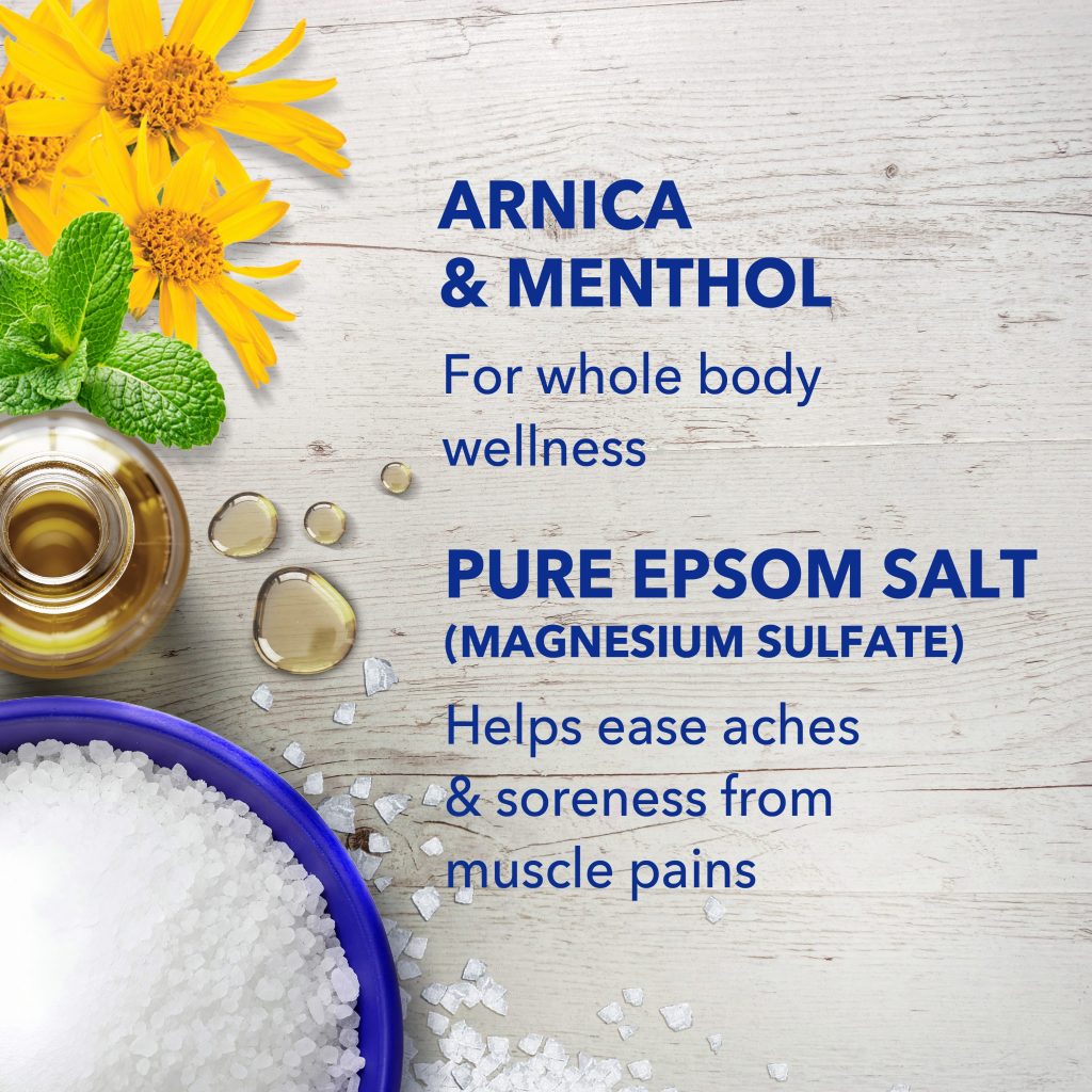 arnica & menthol for whole body wellness; pure epsom salt (magnesium sulfate) helps ease aches & soreness from muscle pains