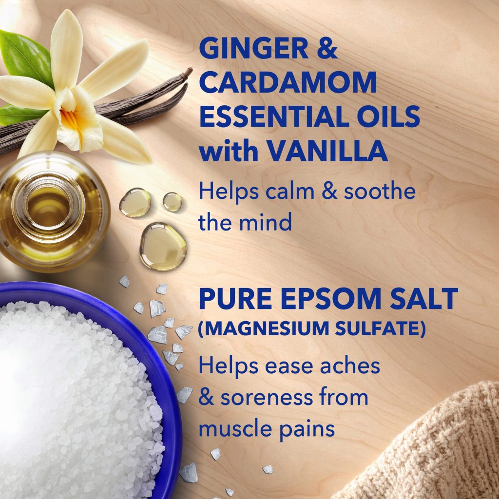 ginger & cardamom essential oils with vanilla help calm & soothe the mind; pure epsom salt (magensium sulfate) helps ease aches & soreness from muscle pains