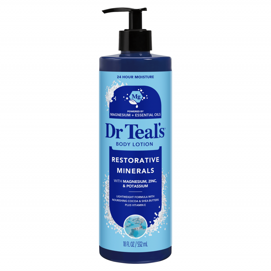 restorative minerals with magnesium, zinc, and potassium body lotion pump bottle