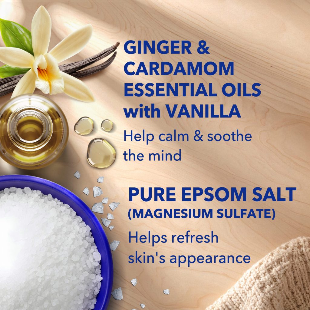 ginger & cardamom essential oils with vanilla help calm & soothe the mind; pure epsom salt (magnesium sulfate) helps refresh skin's appearance